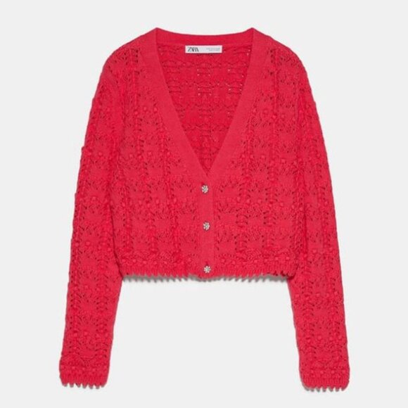 Zara Rhinestone Pointelle Knit Cropped Cardigan Sweater Fushia Pink Size Small - Picture 1 of 8